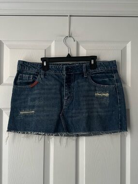 Y2K American Eagle Mini Skirt 12 Blue Denim Distressed Embroidered